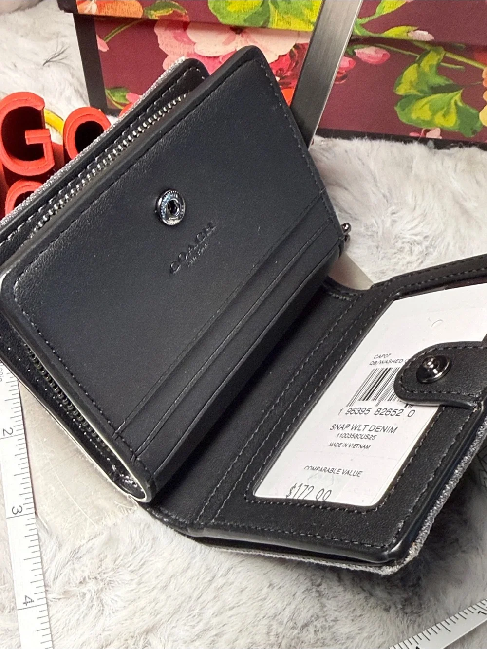 Coach Gray Denim Zip-Around Wallet with Black Trim